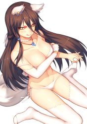 Rule 34 | 1girl, :q, animal ears, bare legs, bare shoulders, bikini, blush, breast hold, breasts, brown hair, choker, cleavage, closed mouth, collarbone, commentary request, detached sleeves, fox ears, fox girl, fox tail, from above, groin, hair tie, highres, hua-j, jewelry, large breasts, long hair, looking at viewer, naughty face, necklace, no shoes, original, pendant, ribbon, side-tie bikini bottom, sidelocks, simple background, single detached sleeve, sitting, smile, solo, swimsuit, tail, thick eyebrows, thighhighs, tongue, tongue out, untied bikini, very long hair, wariza, white background, white bikini, white choker, white ribbon, white thighhighs, yellow eyes
