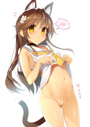 Rule 34 | 1girl, animal ears, bar censor, black choker, blush, bottomless, breasts, brown eyes, brown hair, cat ears, cat tail, censored, choker, closed mouth, clothes lift, commentary request, cowboy shot, flower, flying sweatdrops, gluteal fold, hair flower, hair ornament, highres, lifting own clothes, long hair, looking at viewer, navel, original, sailor collar, shiny skin, shirt, shirt lift, simple background, sleeveless, sleeveless shirt, small breasts, solo, speech bubble, spoken blush, standing, stomach, tail, white background, white flower, white sailor collar, white shirt, yanagi yuu, yellow neckwear