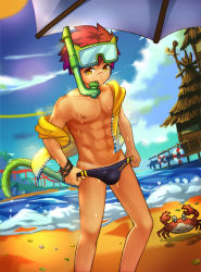 Rule 34 | 1boy, abs, beach, blue male swimwear, blue swim briefs, crab, day, diving mask, diving mask on head, f jun, feet out of frame, goggles, goggles on head, highres, hut, jacket, male focus, male swimwear, male swimwear pull, open clothes, open jacket, original, parka, pulled by self, red hair, short hair, snorkel, speedo (company), swim briefs, swim briefs pull, swimsuit, tail, tan, tanline, umbrella, wet, yellow eyes, yellow jacket