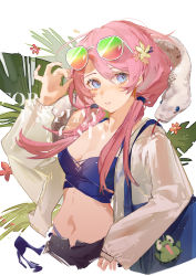 Rule 34 | 1girl, 9degree, absurdres, arknights, bag, bikini, bikini top only, blue bikini, blue eyes, blue poison (arknights), breasts, cleavage, collarbone, cowboy shot, flower, frog, hair flower, hair ornament, hair tie, highres, jacket, long hair, looking at viewer, midriff, pink hair, plant, shoulder bag, simple background, snake, solo, swimsuit, translucent, twintails, white background, white jacket, white snake