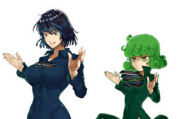 Rule 34 | 2girls, aura, blue hair, breast conscious, breasts, covered erect nipples, covered navel, curly hair, fubuki (one-punch man), green eyes, green hair, large breasts, multiple girls, narrow waist, one-punch man, shaded face, short hair, siblings, simple background, sisters, skin tight, small breasts, smile, tatsumaki, tawawa challenge, telekinesis, the golden smurf, upper body, white background