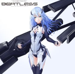 Rule 34 | 10s, 1girl, beatless, black thighhighs, blue eyes, blue hair, breasts, bridal gauntlets, cleavage, cleavage cutout, clothing cutout, copyright name, fattybot, floating hair, hair between eyes, highres, holding, holding weapon, leicia, leotard, long hair, looking at viewer, medium breasts, sketch, smile, solo, thighhighs, weapon, white background