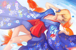 Rule 34 | 1girl, ahoge, artoria pendragon (fate), blonde hair, blue ribbon, braid, breasts, cleavage, fate/stay night, fate (series), floral print, french braid, green eyes, hair ribbon, highres, japanese clothes, kimono, long hair, lying, melvin lam, obi, on back, open clothes, open kimono, ribbon, saber (fate), sash, small breasts, solo, thighs, type-moon, yellow eyes