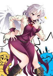 Rule 34 | 3girls, belt, black footwear, boots, braid, breasts, brooch, buck teeth, cross-laced footwear, dress, feathered wings, french braid, hand on own hip, highres, jacket, jewelry, kishin sagume, knees, looking at viewer, medium breasts, multiple girls, nail polish, open clothes, open jacket, pink eyes, pout, purple dress, rihito (usazukin), ringo (touhou), seiran (touhou), silver hair, simple background, single wing, smile, standing, teeth, thighs, touhou, white background, white wings, wings