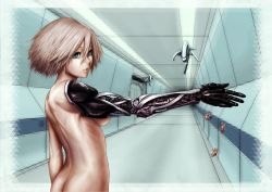 Rule 34 | 1girl, ass, blonde hair, blue eyes, check commentary, commentary request, cyborg, drone, hallway, highres, looking back, mechanical arms, nude, original, science fiction, shinachiku (uno0101), short hair, single mechanical arm