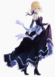 Rule 34 | absurdres, alternate costume, artoria pendragon (all), artoria pendragon (fate), backless dress, backless outfit, blonde hair, braid, clothes lift, dress, dress lift, fate/stay night, fate (series), french braid, hair between eyes, high heels, highres, light smile, looking at viewer, m.tokotsu, pantyhose, saber (fate), saber alter, shoulder blades, skirt hold, strapless, strapless dress, white background, yellow eyes