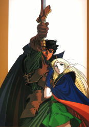 Rule 34 | 1990s (style), 1boy, 1girl, armor, blonde hair, cape, circlet, couple, deedlit, elf, gloves, hetero, highres, long hair, official art, parn (lodoss), pointy ears, protecting, record of lodoss war, retro artstyle, sword, weapon