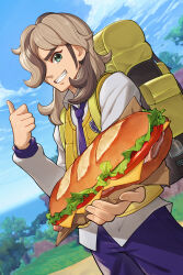 Rule 34 | 1boy, arven (pokemon), backpack, bag, blue sky, bottle, bread, brown hair, cheese, cloud, collared shirt, commentary request, cowboy shot, creatures (company), day, eyelashes, food, game freak, green eyes, grin, hair over one eye, hand up, highres, holding, holding food, lettuce, light brown hair, long sleeves, looking at viewer, male focus, medium hair, multicolored hair, naoki eguchi, necktie, nintendo, one eye covered, open clothes, open vest, outdoors, pants, parted bangs, pokemon, pokemon sv, purple necktie, purple pants, sandwich, school uniform, shirt, sidelocks, sky, smile, solo, standing, streaked hair, swept bangs, teeth, thumbs up, tomato, tomato slice, tree, uva academy school uniform, v-shaped eyebrows, vest, white shirt, wing collar, yellow bag, yellow vest