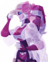 Rule 34 | 1girl, alien, arcee, autobot, blue eyes, breasts, closed eyes, clothed robot, gemxfirex, hat, highres, humanoid robot, medium breasts, panties, pink lips, pink panties, robot, see-through, simple background, solo, transformers, transformers animated, underwear, white background