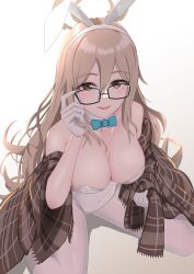 Rule 34 | 1girl, adjusting eyewear, akane (blue archive), akane (bunny) (blue archive), animal ears, bare shoulders, black-framed eyewear, blue archive, blue bow, blue bowtie, blush, bow, bowtie, breasts, brown eyes, checkered clothes, checkered scarf, cleavage, collarbone, commentary request, covered navel, detached collar, fake animal ears, glasses, gloves, hair between eyes, halo, highres, large breasts, leotard, long hair, looking at viewer, official alternate costume, open mouth, pantyhose, playboy bunny, rabbit ears, scarf, simple background, sitting, smile, solo, syimo, teeth, tongue, wariza, white background, white gloves, white leotard