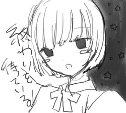Rule 34 | 1girl, blush stickers, collared shirt, empty eyes, grey background, greyscale, highres, looking at viewer, monochrome, neck ribbon, noroi (rnatataki), open mouth, original, portrait, ribbon, shirt, short hair, simple background, sketch, smile, solo, translation request, two-tone background, white background