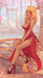 Rule 34 | 1girl, alael, animal ears, anklet, bare shoulders, bell, black panties, blonde hair, blue eyes, blurry, blurry background, bracelet, breasts, bridge, cat ears, cat tail, cherry blossoms, choker, cleavage, closed mouth, commission, dark-skinned female, dark skin, day, dress, earrings, facial mark, feet, final fantasy, final fantasy xiv, full body, high heels, jewelry, jingle bell, large breasts, lips, long hair, looking at viewer, medium breasts, miqo&#039;te, nail polish, necklace, on railing, outdoors, panties, petals, railing, red dress, ring, rock, side slit, sitting, slit pupils, solo, soranamae, tail, tan, tanline, toes, torii, underwear, water, whisker markings