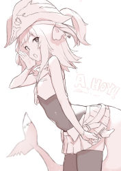 Rule 34 | 1girl, a (phrase), absurdres, bare shoulders, belt, blunt bangs, blush, cloba, cosplay, covered navel, fins, fish tail, flag, gawr gura, gloves, greyscale, hand to own mouth, hat, hat feather, highres, hololive, hololive english, houshou marine, houshou marine (1st costume), houshou marine (cosplay), leaning forward, leotard, leotard under clothes, long hair, looking at viewer, monochrome, open mouth, pirate hat, pleated skirt, shark tail, skirt, solo, tail, thighhighs, two side up, virtual youtuber