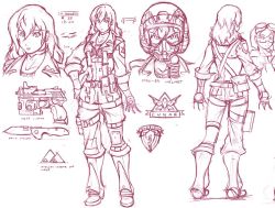Rule 34 | 1girl, armored core, character sheet, female focus, from software, gun, helmet, knife, monochrome, solo, weapon, white background