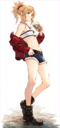 Rule 34 | 1girl, ankle boots, belt boots, blonde hair, boots, braid, cup, denim, denim shorts, drinking, fate/grand order, fate (series), french braid, full body, green eyes, hair ornament, hair scrunchie, hand on belt, high heel boots, high heels, highres, holding, holding cup, jacket, jewelry, makimura shunsuke, mordred (fate), mordred (fate/apocrypha), mordred (memories at trifas) (fate), navel, necklace, off shoulder, ponytail, red jacket, scrunchie, shorts, sidelocks, solo, standing, strapless, tube top, white background, white tube top