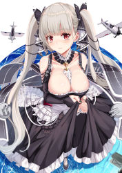 Rule 34 | 1girl, absurdres, aircraft, airplane, azur lane, between breasts, black dress, black nails, breasts, cleavage, clothing cutout, dress, flight deck, formidable (azur lane), frilled dress, frills, gatari, gothic lolita, hair ribbon, highres, large breasts, lolita fashion, long hair, nail polish, neckwear between breasts, pantyhose, platinum blonde hair, red eyes, ribbon, shoulder cutout, simple background, solo, standing, standing on liquid, twintails, two-tone dress, two-tone ribbon, very long hair