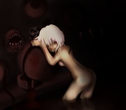 Rule 34 | 1girl, ass, blood, breasts, completely nude, dark, female focus, flandre scarlet, kokuka, nude, short hair, skull, small breasts, solo, touhou, wings