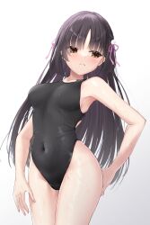 Rule 34 | 1girl, absurdres, black hair, black one-piece swimsuit, blush, breasts, cafe stella to shinigami no chou, cameltoe, closed mouth, commentary, competition swimsuit, covered navel, cowboy shot, curvy, earrings, facing viewer, flower, frown, furrowed brow, hair flower, hair ornament, hair ribbon, hairclip, highleg, highleg swimsuit, highres, jewelry, long hair, medium breasts, ncontrail (mgax7527), one-piece swimsuit, parted bangs, pink ribbon, revision, ribbon, shiki natsume, shiny skin, sideways glance, simple background, solo, standing, stud earrings, swimsuit, thighs, very long hair, white background, white flower, yellow eyes