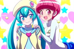 Rule 34 | 2girls, :d, aged up, ahoge, aqua eyes, aqua hair, astronaut, beret, blue sailor collar, blunt bangs, blush, bodysuit, closed mouth, commentary, cropped jacket, hagoromo lala, hands on another&#039;s shoulders, happy, hat, heart, heart print, hoshina hikaru, jacket, long sleeves, looking at another, looking at viewer, multicolored hair, multiple girls, official alternate hair length, official alternate hairstyle, open mouth, pink eyes, pink hair, pointy ears, precure, sailor collar, short hair, sideways glance, smile, star-shaped pupils, star (symbol), star in eye, star twinkle precure, streaked hair, symbol-shaped pupils, symbol in eye, twintails, upper body, white background, yellow headwear, yellow jacket, zerolay