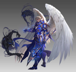 Rule 34 | 1boy, absurdres, armor, armored boots, black eyes, blonde hair, blue armor, blue bodysuit, bodysuit, bodysuit under clothes, boots, closed mouth, commentary, english commentary, faulds, feathered wings, full body, gradient background, grey background, highres, holding, holding polearm, holding weapon, lips, looking at viewer, magic, male focus, mu origin, official art, pauldrons, polearm, qiyue-g, short hair, shoulder armor, solo, vambraces, weapon, white wings, wings