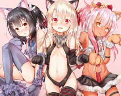 Rule 34 | 3girls, animal ear fluff, animal ears, animal hands, baram, bare hips, bare shoulders, bell, black hair, black legwear, black leotard, black panties, black skirt, blonde hair, blush, breasts, breasts apart, brown eyes, cat ears, cat girl, center opening, chloe von einzbern, claws, collar, commentary request, crop top, dangeroes beast (chloe), dangeroes beast (illya), dangeroes beast (miyu), dangerous beast (chloe), dangerous beast (illya), dangerous beast (miyu), dark-skinned female, dark skin, elbow gloves, fake animal ears, fate/kaleid liner prisma illya, fate (series), fur-trimmed skirt, fur collar, fur trim, gloves, gluteal fold, grey legwear, groin, hair ornament, hairclip, highres, illyasviel von einzbern, jingle bell, leotard, long hair, looking at viewer, microskirt, midriff, miyu edelfelt, multiple girls, navel, o-ring, official alternate costume, open mouth, panties, paw gloves, paw pose, paw shoes, pink hair, ponytail, red eyes, ribbon, shoes, skirt, small breasts, smile, stomach, thigh gap, thighhighs, tongue, tongue out, twintails, underwear