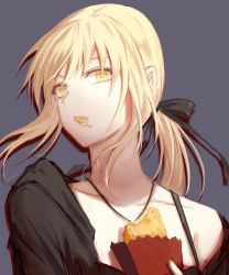 Rule 34 | 1girl, artoria pendragon (all), artoria pendragon (fate), black jacket, black ribbon, blonde hair, collarbone, eating, fate/stay night, fate (series), food, grey background, hair ribbon, highres, holding, holding food, jacket, jewelry, long hair, looking at viewer, low ponytail, necklace, off shoulder, open clothes, open jacket, ribbon, saber alter, sidelocks, simple background, solo, upper body, wrapper, xing muhen, yellow eyes