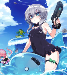 Rule 34 | 1girl, bare shoulders, battletoads, black one-piece swimsuit, blue eyes, blue sky, blush, breasts, cloud, commentary request, covered navel, day, frilled one-piece swimsuit, frills, grey hair, gun, handgun, holding, indie virtual youtuber, looking at viewer, navel, ocean, one-piece swimsuit, otsuyama heidi, rash (battletoads), sky, small breasts, swimsuit, thigh strap, thighs, umaway, virtual youtuber, weapon