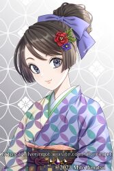 Rule 34 | 1girl, 2021, absurdres, adoptable, artist name, black eyes, black hair, blue bow, bow, commentary request, copyright notice, flower, grey background, hair bow, hair bun, hair flower, hair ornament, highres, japanese clothes, kimono, looking at viewer, mito amatsu, obi, obiage, obijime, original, sash, shippou (pattern), single hair bun, smile, solo, swept bangs, twitter username, upper body, watermark, web address
