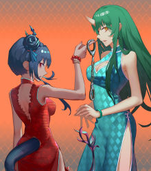 Rule 34 | 2girls, absurdres, alternate costume, arknights, backless dress, backless outfit, blue dress, blue hair, bracelet, breasts, ch&#039;en (ageless afterglow) (arknights), ch&#039;en (arknights), china dress, chinese clothes, cleavage, cleavage cutout, clothing cutout, cowboy shot, cuffs, double bun, dragon horns, dragon tail, dress, earrings, floating hair, green hair, hair bun, hair ribbon, handcuffs, highres, horns, hoshiguma (arknights), jade (gemstone), jewelry, long hair, looking at viewer, medium breasts, medium hair, multiple girls, official alternate costume, orange background, orange eyes, parted lips, patterned background, pearl bracelet, pelvic curtain, piao miao, profile, red dress, red eyes, ribbon, side slit, single horn, skin-covered horns, sleeveless, sleeveless dress, standing, straight hair, tail, tail through clothes, triangle earrings