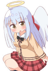 Rule 34 | 1girl, :o, absurdres, ahoge, angel, angel wings, black bow, black socks, blue hair, blush, bow, breasts, brown cardigan, brown eyes, cardigan, chibi, collared shirt, commentary request, cross, cross hair ornament, feathered wings, gabriel dropout, hair bow, hair ornament, hana kazari, highres, kneehighs, latin cross, long hair, long sleeves, looking at viewer, medium breasts, open mouth, plaid, plaid skirt, pleated skirt, raphiel shiraha ainsworth, red bow, red skirt, school uniform, shirt, skirt, sleeves past wrists, socks, solo, very long hair, white shirt, white wings, wings