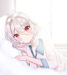 Rule 34 | 1girl, antenna hair, backlighting, blush, closed mouth, collarbone, collared shirt, commentary request, day, hair between eyes, indoors, kokkoro (princess connect!), long sleeves, looking at viewer, lying, on side, pajamas, pillow, pointy ears, princess connect!, red eyes, shirt, silver hair, smile, solo, split mouth, sunlight, white shirt, window, yupi (yuyupiko01)