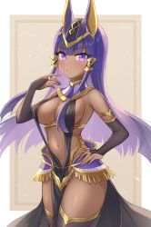 Rule 34 | 1girl, :o, animal ears, armlet, bare shoulders, black thighhighs, blunt bangs, blush, border, breasts, bridal gauntlets, brown background, cleavage, commentary request, cowboy shot, egyptian clothes, egyptian mythology, fringe trim, hand on own hip, highres, jackal ears, looking at viewer, medium breasts, midori miyako, navel, original, outside border, parted lips, purple eyes, purple hair, revealing clothes, sidelocks, simple background, solo, stomach, straight hair, thighhighs, thighs, white border