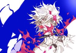 Rule 34 | 1boy, bishounen, blue eyes, collar, colored skin, expressionless, eyeshadow, fate/apocrypha, fate (series), fire, floating hair, karna (fate), makeup, male focus, mchi, red eyeshadow, solo, spiked collar, spikes, white hair, white skin