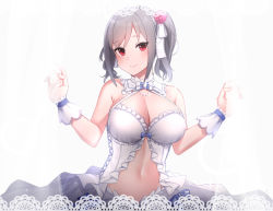 Rule 34 | 1girl, bare shoulders, bow, breasts, cleavage, closed mouth, commentary request, curtains, dress, flower, glint, grey hair, hair flower, hair ornament, hair ribbon, hands up, idolmaster, idolmaster cinderella girls, idolmaster cinderella girls starlight stage, kanzaki ranko, lace, large breasts, looking at viewer, medium hair, navel, pink flower, red eyes, ribbon, see-through, senju (snz0), sidelocks, simple background, smile, solo, standing, stomach, twintails, white background, white bow, white dress, white ribbon, wrist cuffs