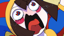 Rule 34 | 1girl, blue eyes, blue hat, blush, blush stickers, brown hair, colored skin, commentary, crying, crying aqua (meme), crying with eyes open, english commentary, hat, highres, jester, jester cap, meme, multicolored clothes, multicolored eyes, multicolored hat, pomni (the amazing digital circus), red eyes, red hat, short hair, solo, striped clothes, striped headwear, tears, the amazing digital circus, theinkyway, tongue, two-tone eyes, vertical-striped bodysuit, vertical-striped clothes, vertical-striped headwear, white skin