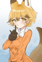 Rule 34 | 1girl, alternate hairstyle, animal ears, blush, bow, bowtie, brown gloves, brown hair, commentary request, extra ears, ezo red fox (kemono friends), finger to mouth, fox ears, fox girl, fox shadow puppet, fox tail, fur trim, gloves, hair between eyes, highres, jacket, kemono friends, long sleeves, megumi 222, orange eyes, orange hair, orange jacket, short hair, solo, tail, upper body, white bow, white bowtie