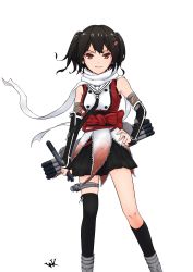 Rule 34 | 10s, 1girl, absurdres, black hair, brown eyes, detached sleeves, highres, kantai collection, kneehighs, scarf, sendai (kancolle), sendai kai ni (kancolle), simple background, socks, solo, thighhighs, torpedo, wetknight, white background, white scarf