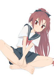 Rule 34 | 1girl, absurdres, bare legs, barefoot, blush, feet, hands on feet, highres, indian style, long hair, looking at viewer, magia record: mahou shoujo madoka magica gaiden, mahou shoujo madoka magica, red eyes, red hair, sakura kyoko, school uniform, simple background, sitting, skirt, solo, tanaka3bom, toes, white background
