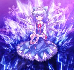 Rule 34 | 1girl, bad id, bad pixiv id, blue eyes, blue hair, bow, bowtie, cirno, crystal, dress, embodiment of scarlet devil, female focus, flower, full body, gradient background, hair ribbon, ice, matching hair/eyes, neme, petals, ribbon, solo, tiara, touhou, wings
