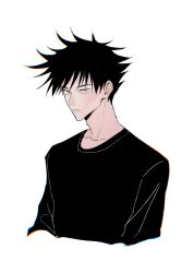 Rule 34 | 1boy, absurdres, arms at sides, black hair, black shirt, chinese commentary, closed mouth, cropped torso, fushiguro megumi, grey eyes, hanlutt, highres, jujutsu kaisen, long sleeves, looking at viewer, male focus, shirt, short hair, simple background, solo, spiked hair, white background
