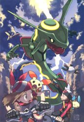 Rule 34 | 1boy, 1girl, 6+others, absurdres, bicycle, cloud, creatures (company), dragon, fangs, game freak, gen 1 pokemon, gen 2 pokemon, gen 3 pokemon, highres, legendary pokemon, looking at another, magnemite, may (pokemon), minun, monster, multiple others, neon lights, nintendo, official art, plusle, pokemon, pokemon (creature), pokemon rse, rayquaza, skarmory, sky, sugimori ken