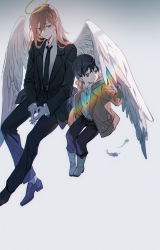 Rule 34 | 2boys, aged down, angel devil (chainsaw man), angel wings, black footwear, black hair, black jacket, black necktie, black pants, black suit, blue eyes, blue footwear, boots, brown eyes, brown hair, brown jacket, buttons, chainsaw man, child, chinese commentary, collared shirt, commentary request, eyes visible through hair, feathered wings, feathers, foot out of frame, formal, gradient background, hair between eyes, halo, hayakawa aki, highres, hitokoto, hood, hood down, hooded jacket, jacket, knee boots, long hair, looking at another, male focus, multiple boys, necktie, own hands together, pants, rainbow, shirt, shoes, short hair, sitting, suit, white background, white shirt, wings
