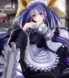 Rule 34 | 1girl, alternate costume, apron, blue hair, blush, breasts, candle, corset, dizzy (guilty gear), dress, enmaided, fallen down, frilled apron, frills, guilty gear, hair between eyes, hair ribbon, hair rings, large breasts, maid, maid headdress, open mouth, photoshop (medium), red eyes, ribbon, sitting, sitting on object, solo, sunlight, table, tongari, twintails, yellow ribbon