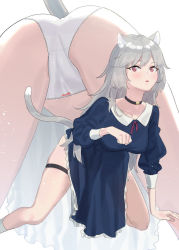 Rule 34 | 1girl, animal ear fluff, animal ears, ass, blue dress, bow, bow panties, breasts, cat ears, cat girl, cat tail, collarbone, collared dress, commentary request, dress, frilled dress, frills, grey hair, long hair, long sleeves, medium breasts, multiple views, original, panties, parted lips, puffy long sleeves, puffy sleeves, red eyes, skindentation, socks, subachi, tail, thigh strap, underwear, very long hair, white background, white legwear, white panties
