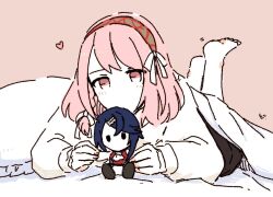 Rule 34 | 1girl, alcryst (fire emblem), barefoot, bed, doll, dolly deer, fire emblem, fire emblem engage, hair ornament, hair ribbon, hairband, hairclip, lapis (fire emblem), long sleeves, nintendo, on bed, pink eyes, pink hair, ribbon, short hair, solo focus, stuffed toy, white ribbon