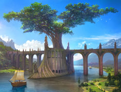 Rule 34 | animal, arch, artist name, bird, blue sky, bridge, building, cart, castle, cloud, cloudy sky, commentary request, day, fantasy, flock, giant tree, highres, horse, k-takano, lake, medieval, mountain, original, outdoors, path, reflection, road, sail, scenery, ship, signature, sky, statue, tree, water, watercraft