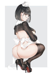 Rule 34 | 1girl, absurdres, apron, ass, back, black eyes, black footwear, black hair, black thighhighs, blush, bob cut, bow, breasts, earrings, frills, from behind, glasses, high heels, highres, jewelry, juliet sleeves, lace, long sleeves, looking at viewer, maid, maid headdress, mole, mole on breast, no panties, no pants, original, parted lips, puffy sleeves, round eyewear, short hair, simple background, skindentation, solo, squatting, striped, striped background, thighhighs, two-tone background, vertical stripes, white background, yukineko1018
