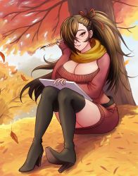 Rule 34 | 1girl, absurdres, alternate costume, autumn, autumn leaves, black footwear, boots, braid, breasts, brown hair, cleavage, dress, fire emblem, fire emblem fates, hair over one eye, hair tie, high heel boots, high heels, highres, holding, holding sketchbook, kagero (fire emblem), knees up, large breasts, leaf pile, long hair, looking at viewer, nintendo, paintbrush, parted lips, ponytail, red ribbon, ribbon, scarf, single braid, sitting, sketchbook, smile, solo, sweater, sweater dress, thigh boots, thighs, tree, very long hair, will (willanator93), yellow scarf