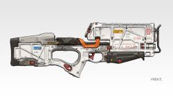 Rule 34 | absurdres, artist name, assault rifle, cable, commentary, energy gun, english commentary, from side, grey background, gun, highres, no humans, original, rifle, science fiction, trigger, weapon, weapon focus, yeeky