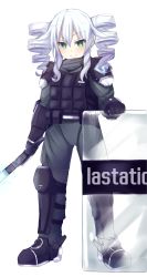 Rule 34 | 1girl, absurdres, alternate costume, baton (weapon), bimmy, black gloves, black sister, bulletproof vest, drill hair, electro shock prod, electroshock weapon, gloves, green eyes, hair between eyes, highres, less-than-lethal weapon, long hair, looking at viewer, neptune (series), power symbol, power symbol-shaped pupils, riot shield, shield, simple background, smile, solo, stun baton, symbol-shaped pupils, twin drills, weapon, white hair